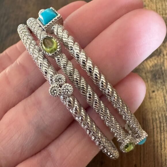 Judith Ripka Sterling Silver Roped Bangle Bracelets Gemstones Turquoise Peridot - Picture 2 of 8